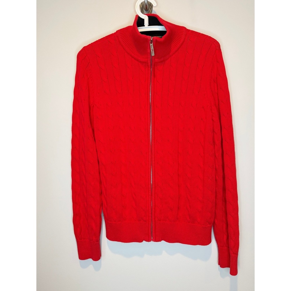 Lauren Ralph Lauren Red Cable Knit Zip Sweater Classic Preppy L - Picture 2 of 9